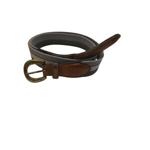TRAFALGAR Belt 36”green/ Ta Stripped Fabric Weave/Tan Leather Front Brass Buckle